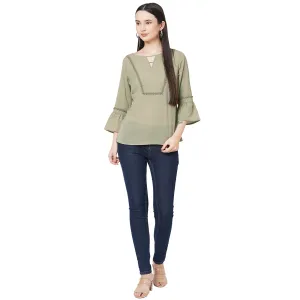 Olive Bell Sleeves Top With Lace Detaling For Women