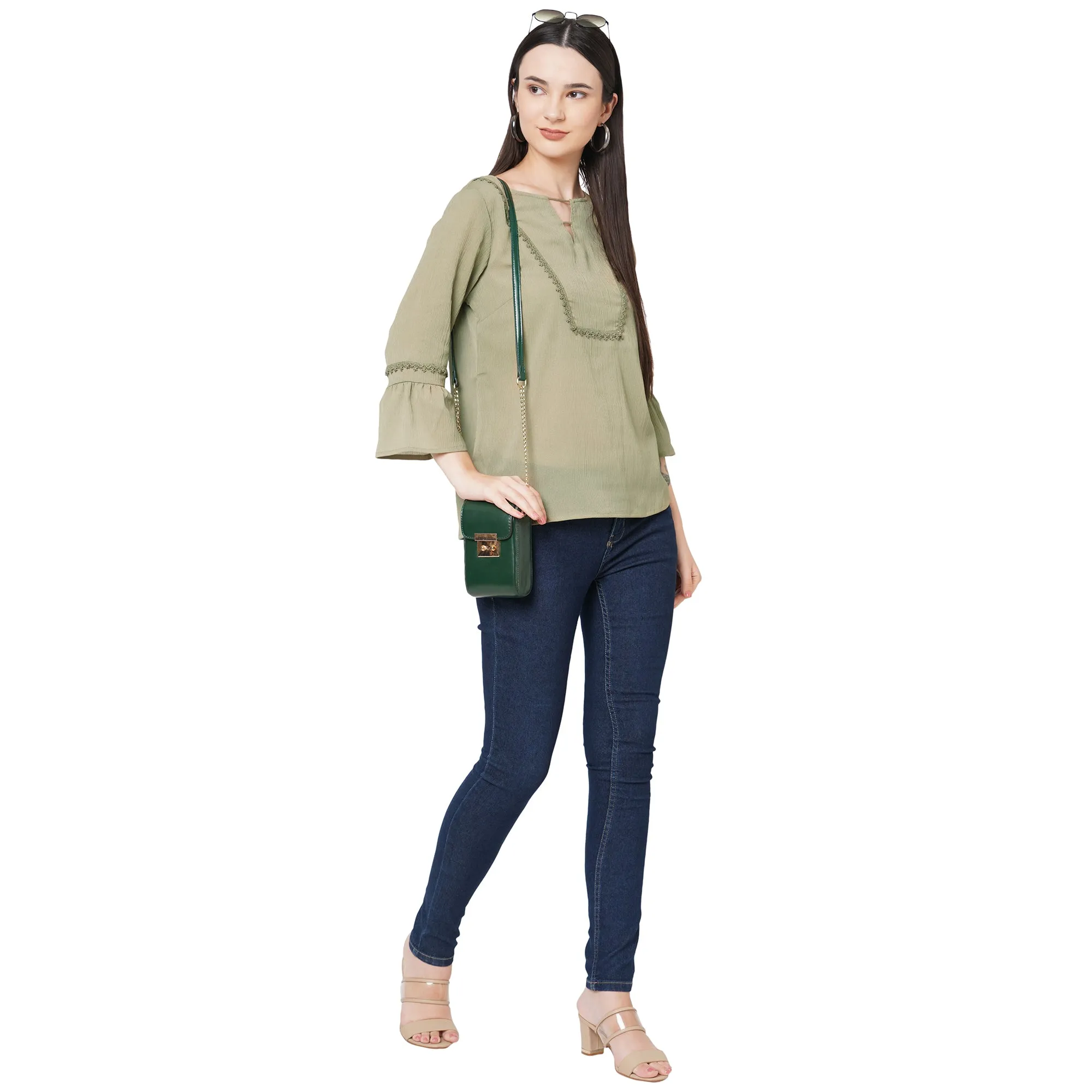 Olive Bell Sleeves Top With Lace Detaling For Women