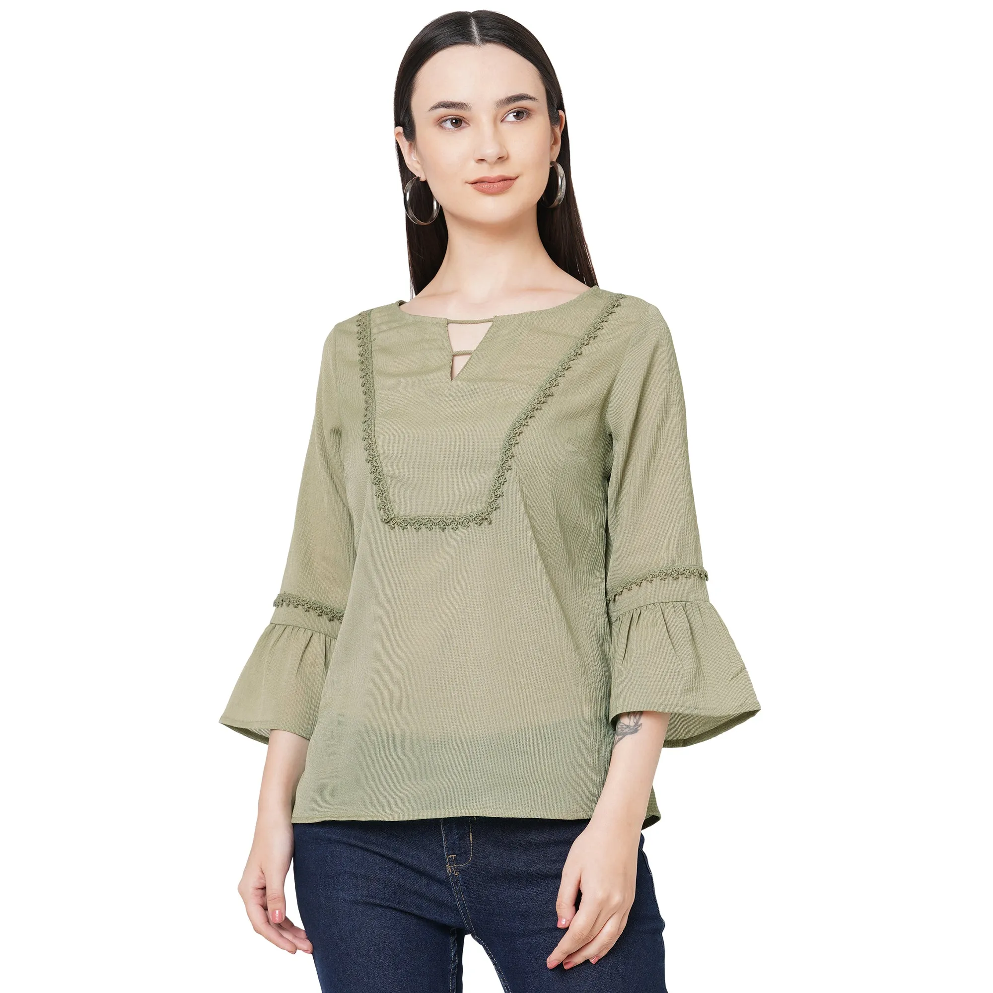 Olive Bell Sleeves Top With Lace Detaling For Women