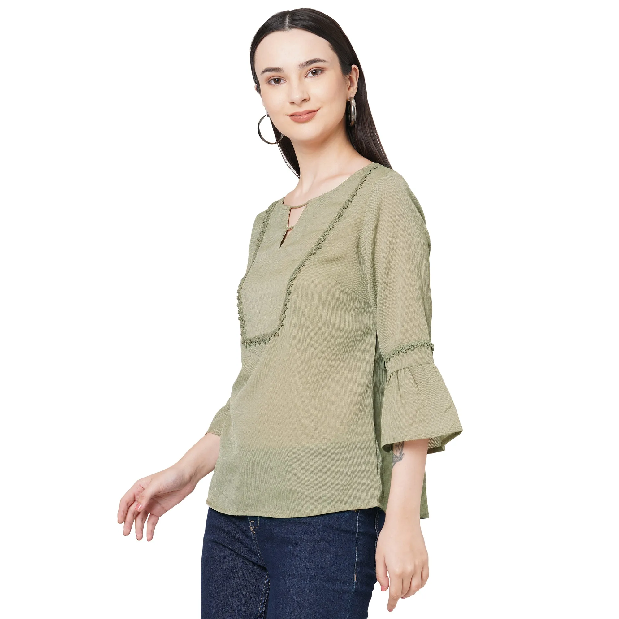 Olive Bell Sleeves Top With Lace Detaling For Women