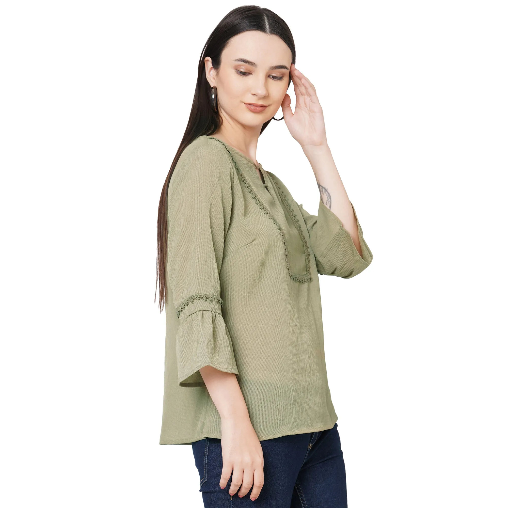 Olive Bell Sleeves Top With Lace Detaling For Women