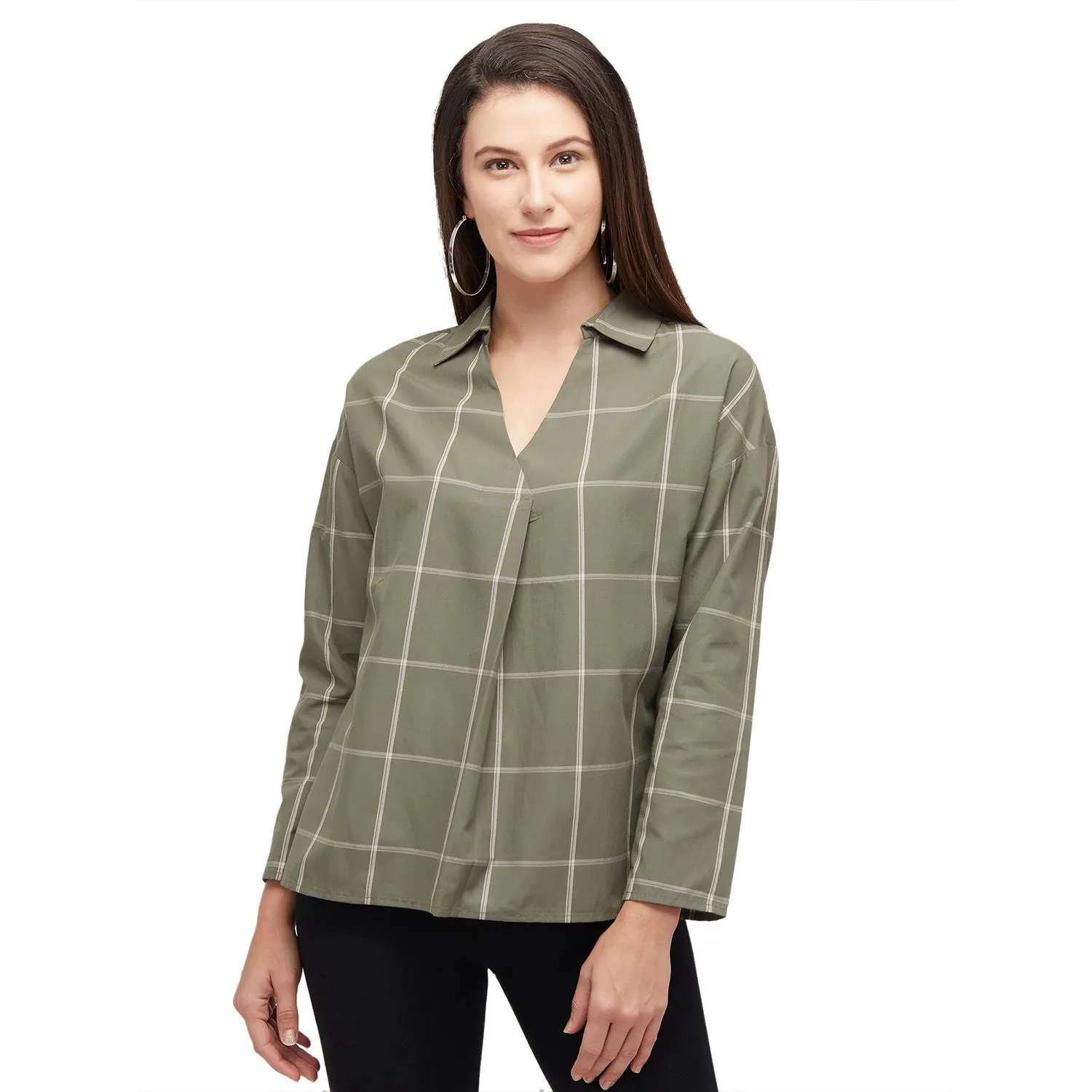 Olive Checks Print Top
