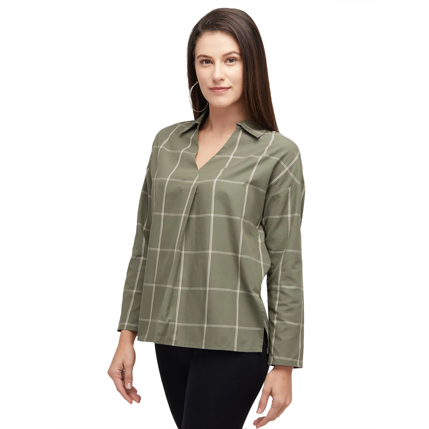 Olive Checks Print Top