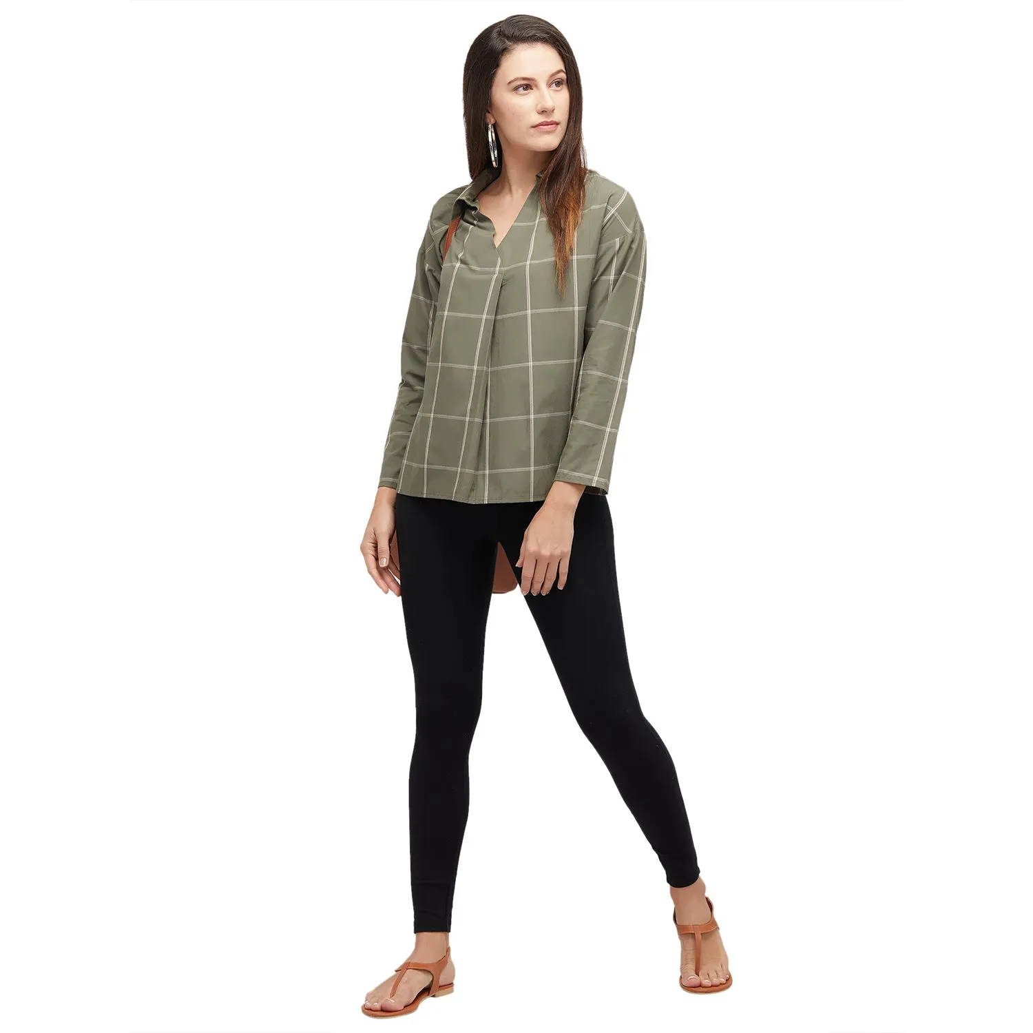 Olive Checks Print Top