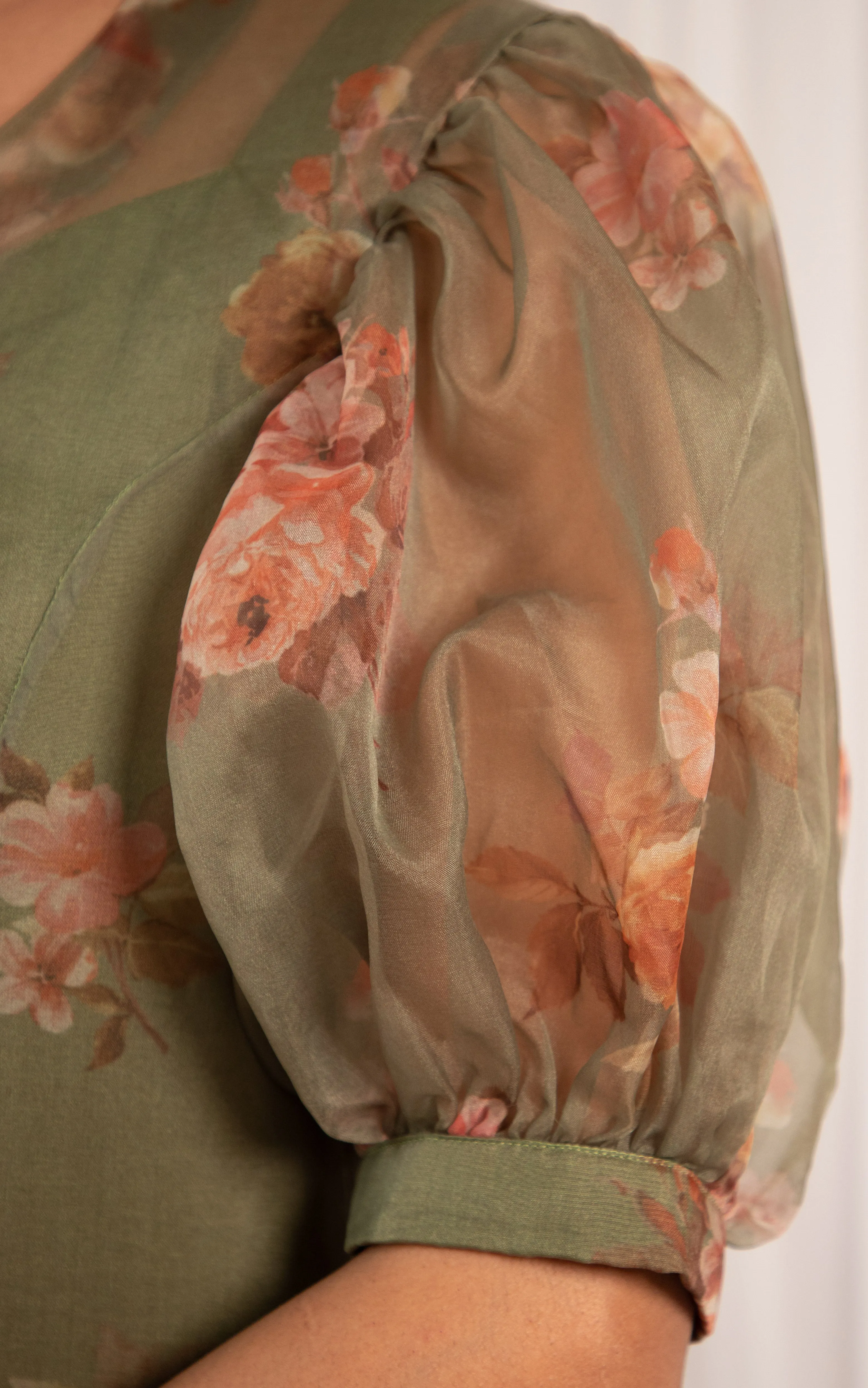 Olive Green Floral Organza Shirt Top