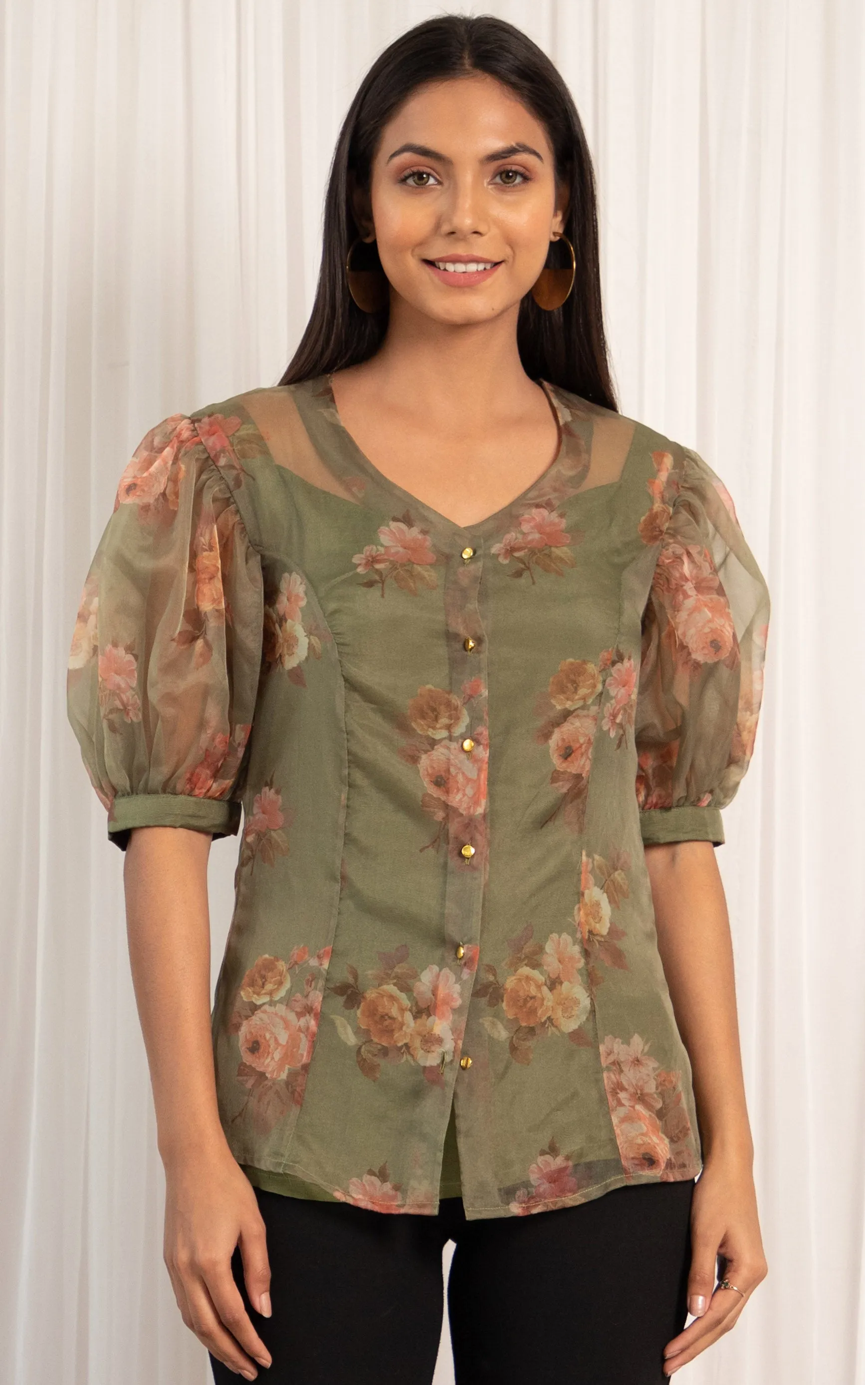 Olive Green Floral Organza Shirt Top