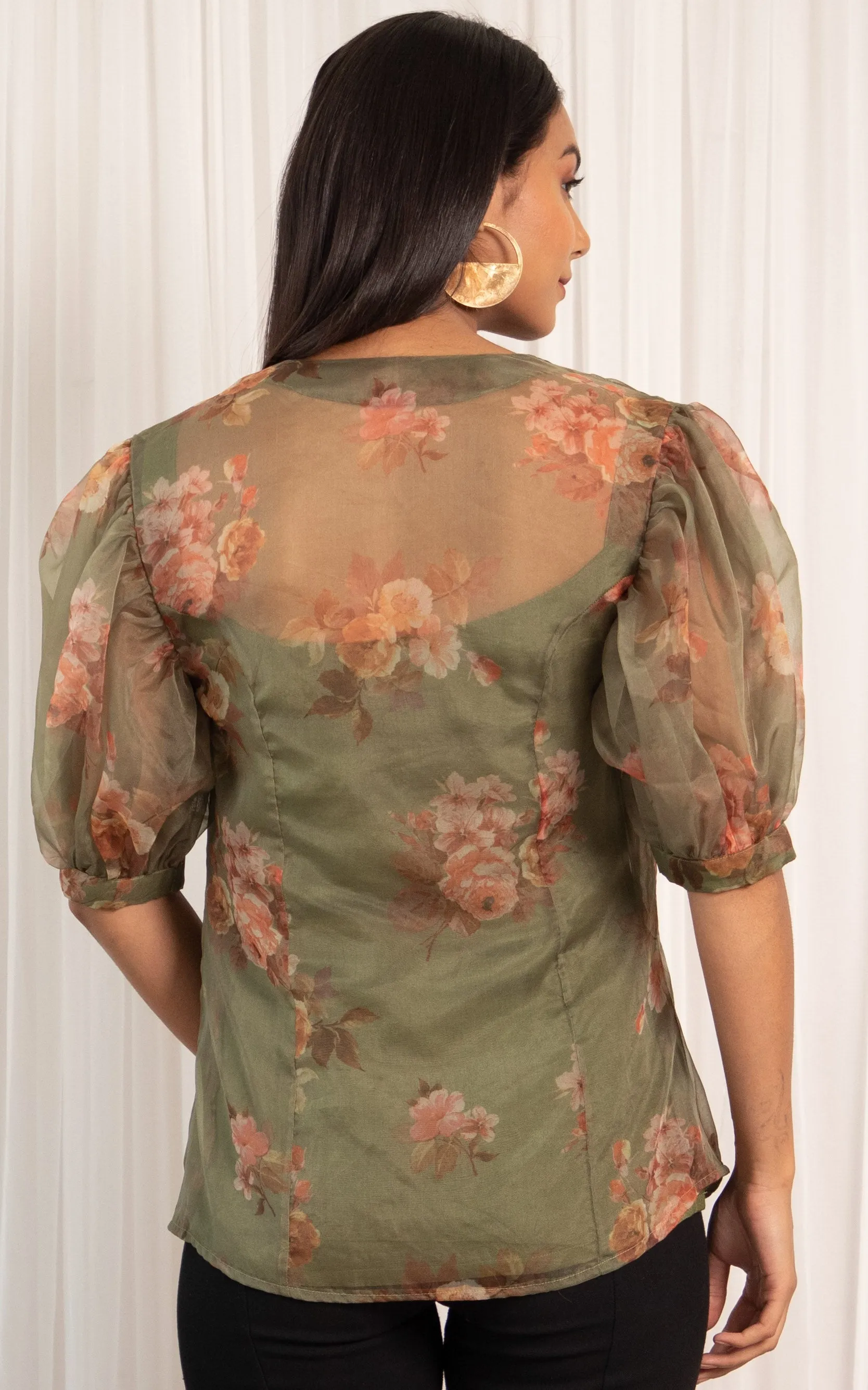Olive Green Floral Organza Shirt Top