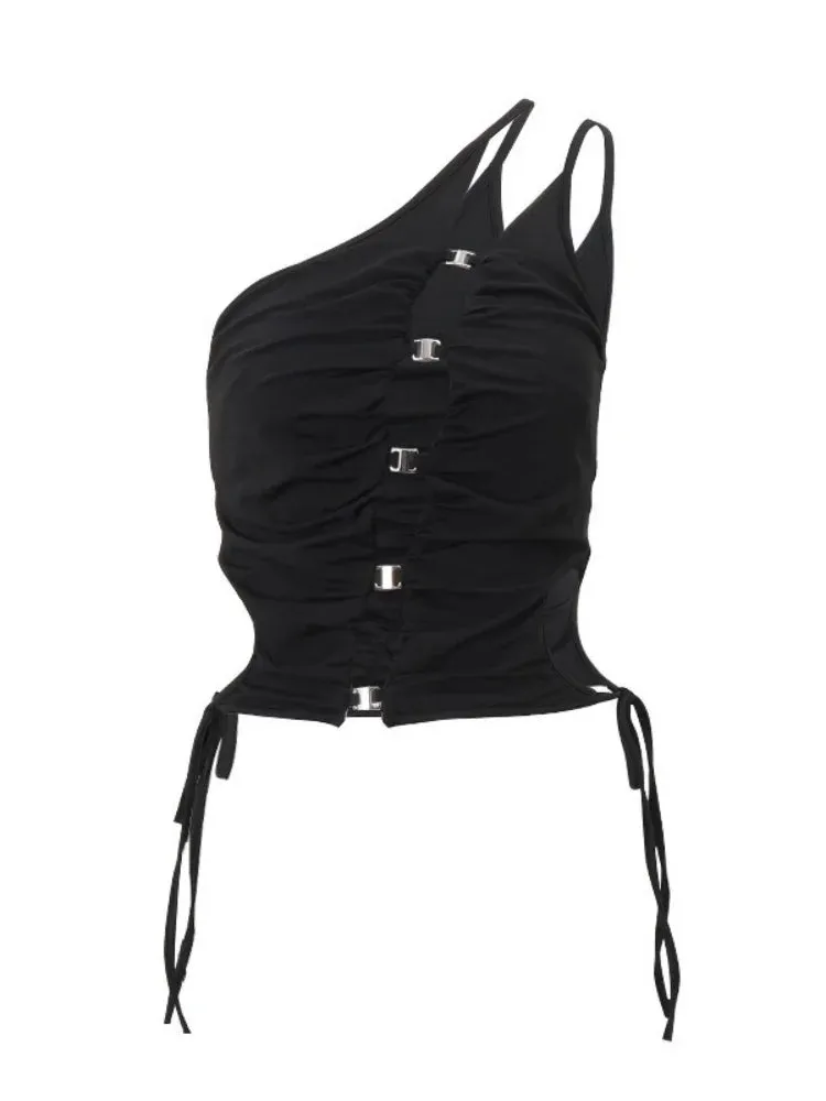 One Shoulder Black Halter Top - Edgy Y2K Rave Outfit with Sequined Corset and Hollow Out Design