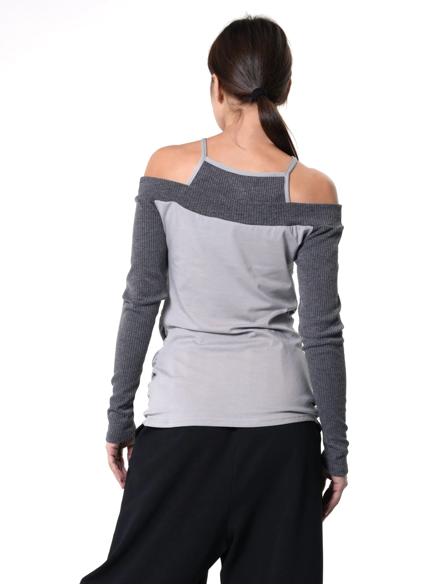 Open Shoulders Long Sleeve Top in Gray