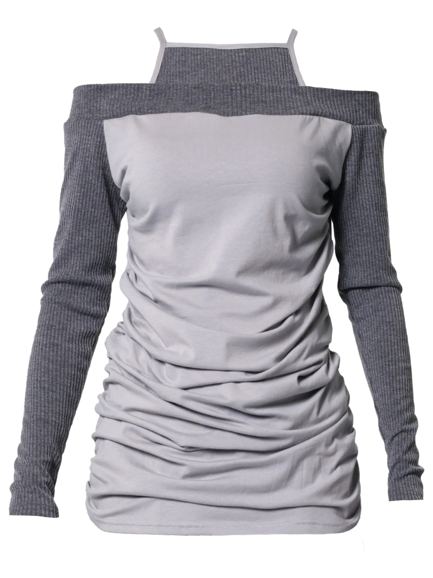 Open Shoulders Long Sleeve Top in Gray