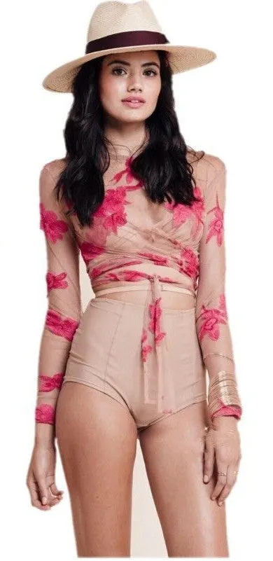 Orchid Crop Top See Thru With Red Flowers Nude Long Sleeve Festival Shirt Wrapping Ties Small Medium Or Large