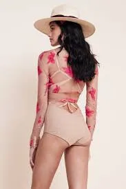 Orchid Crop Top See Thru With Red Flowers Nude Long Sleeve Festival Shirt Wrapping Ties Small Medium Or Large
