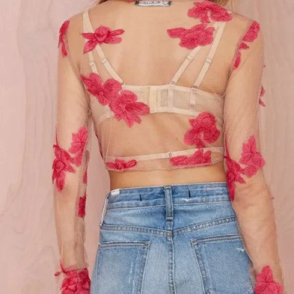Orchid Crop Top See Thru With Red Flowers Nude Long Sleeve Festival Shirt Wrapping Ties Small Medium Or Large