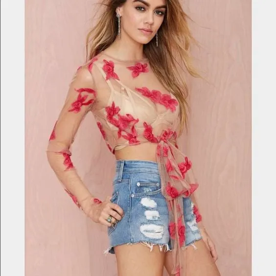 Orchid Crop Top See Thru With Red Flowers Nude Long Sleeve Festival Shirt Wrapping Ties Small Medium Or Large