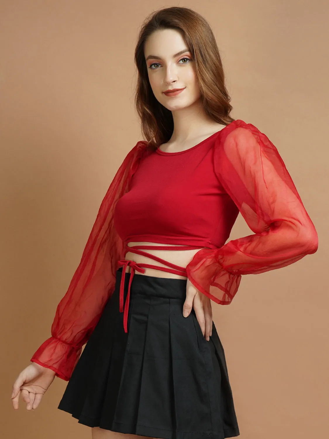 Organza Sleeve Red Lycra Tie Top