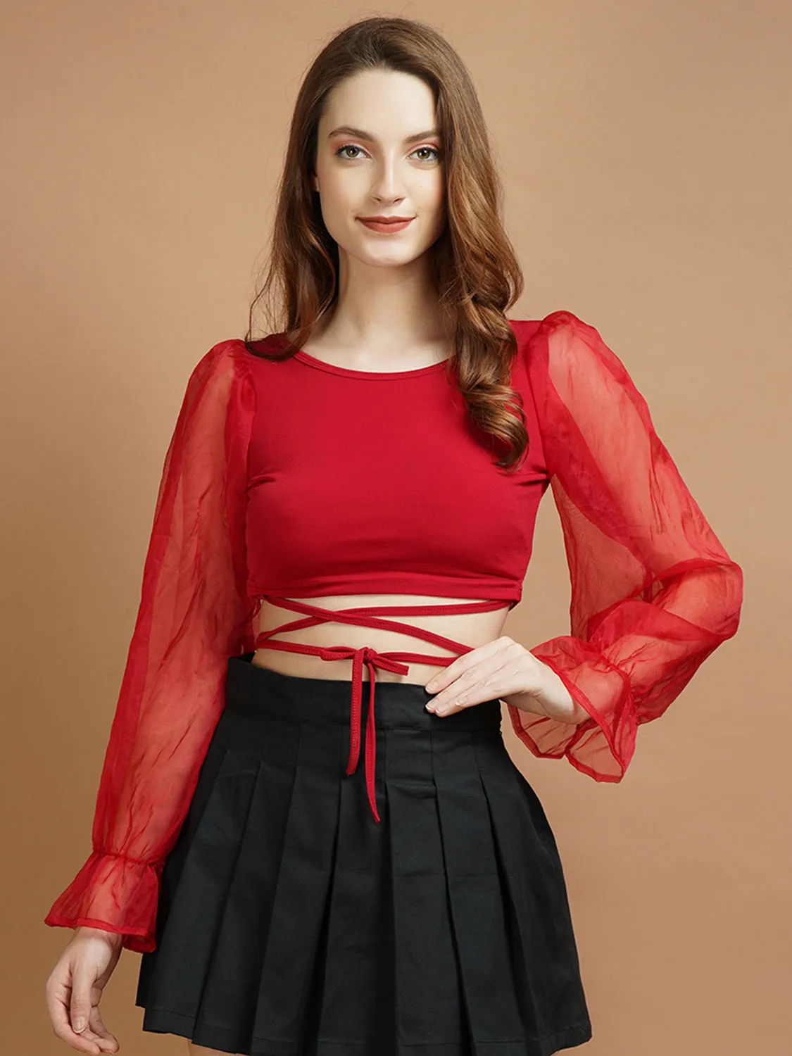 Organza Sleeve Red Lycra Tie Top