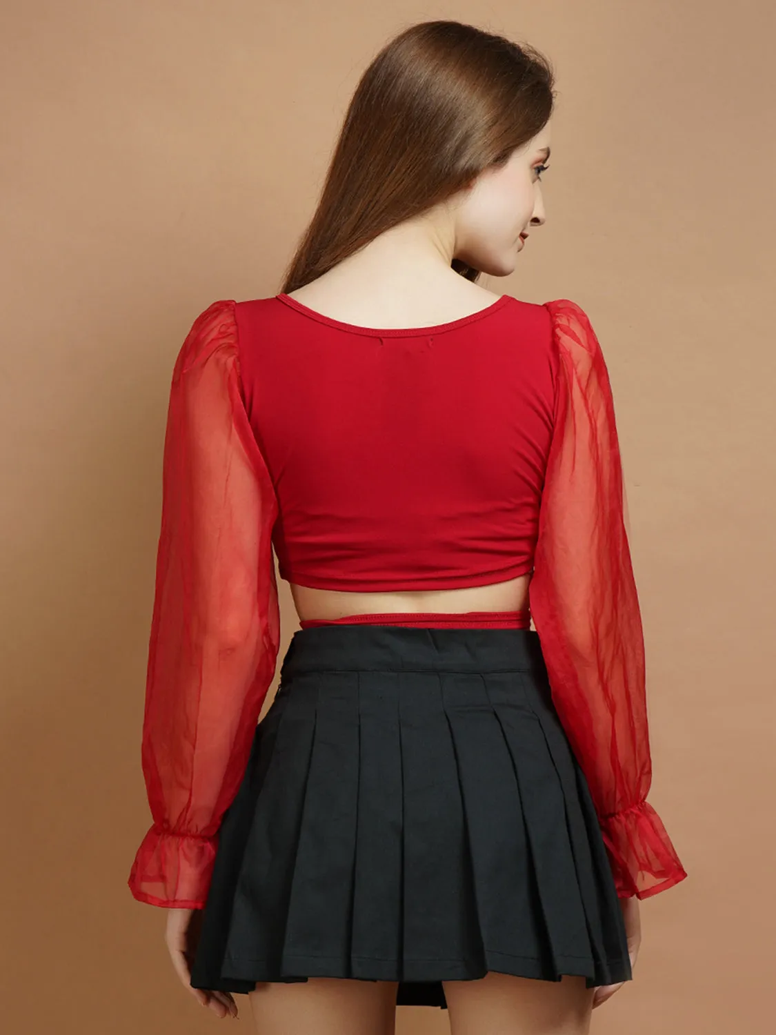 Organza Sleeve Red Lycra Tie Top