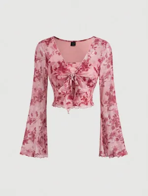 Parien Floral Tie Front Bell Sleeve Top