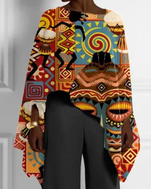 Patchwork Ethnic Style Black Vintage Print Irregular Cape Top
