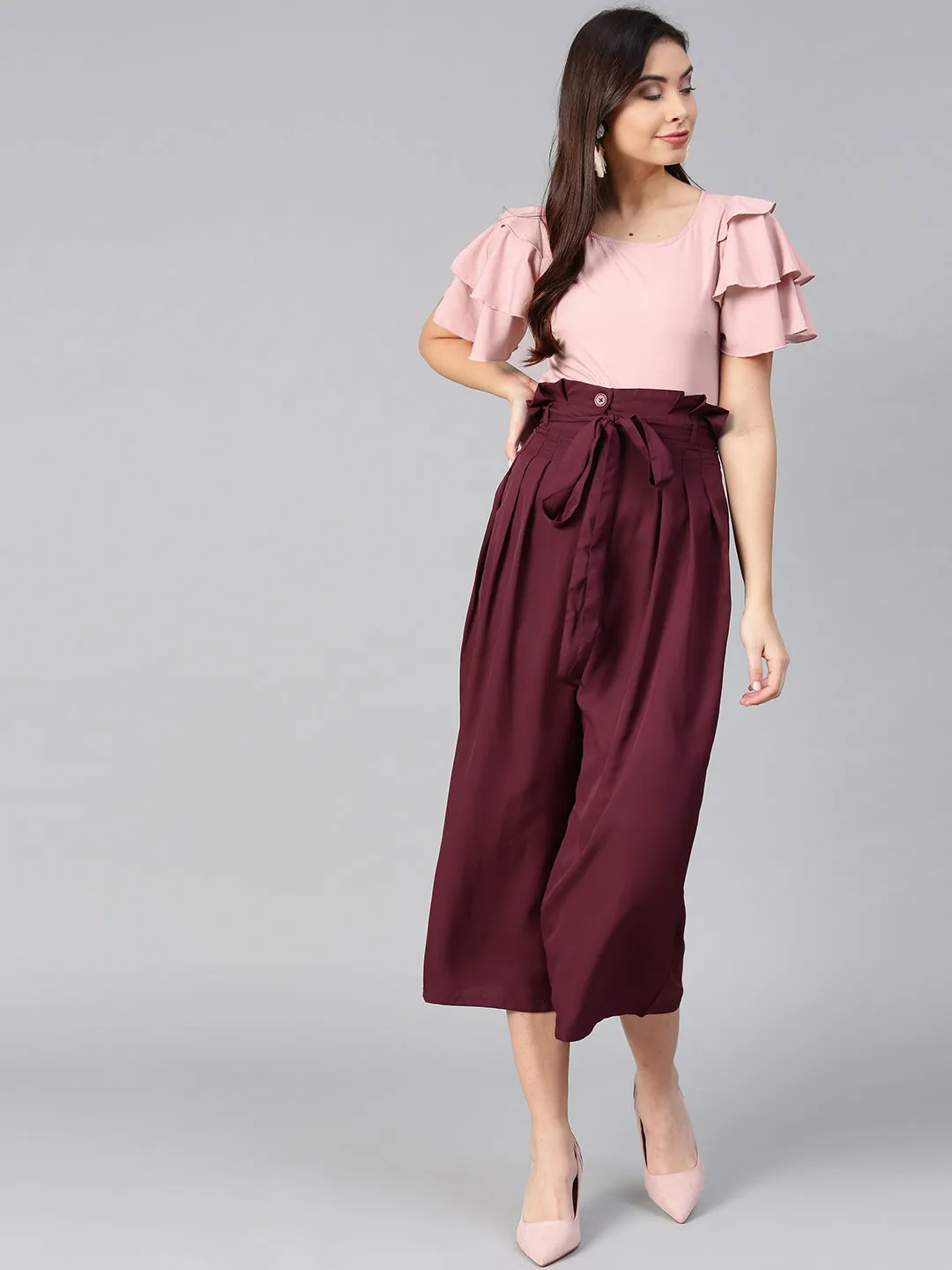 Peach Layered Top & Burgundy Trouser Set (Sku- BLMG7827)