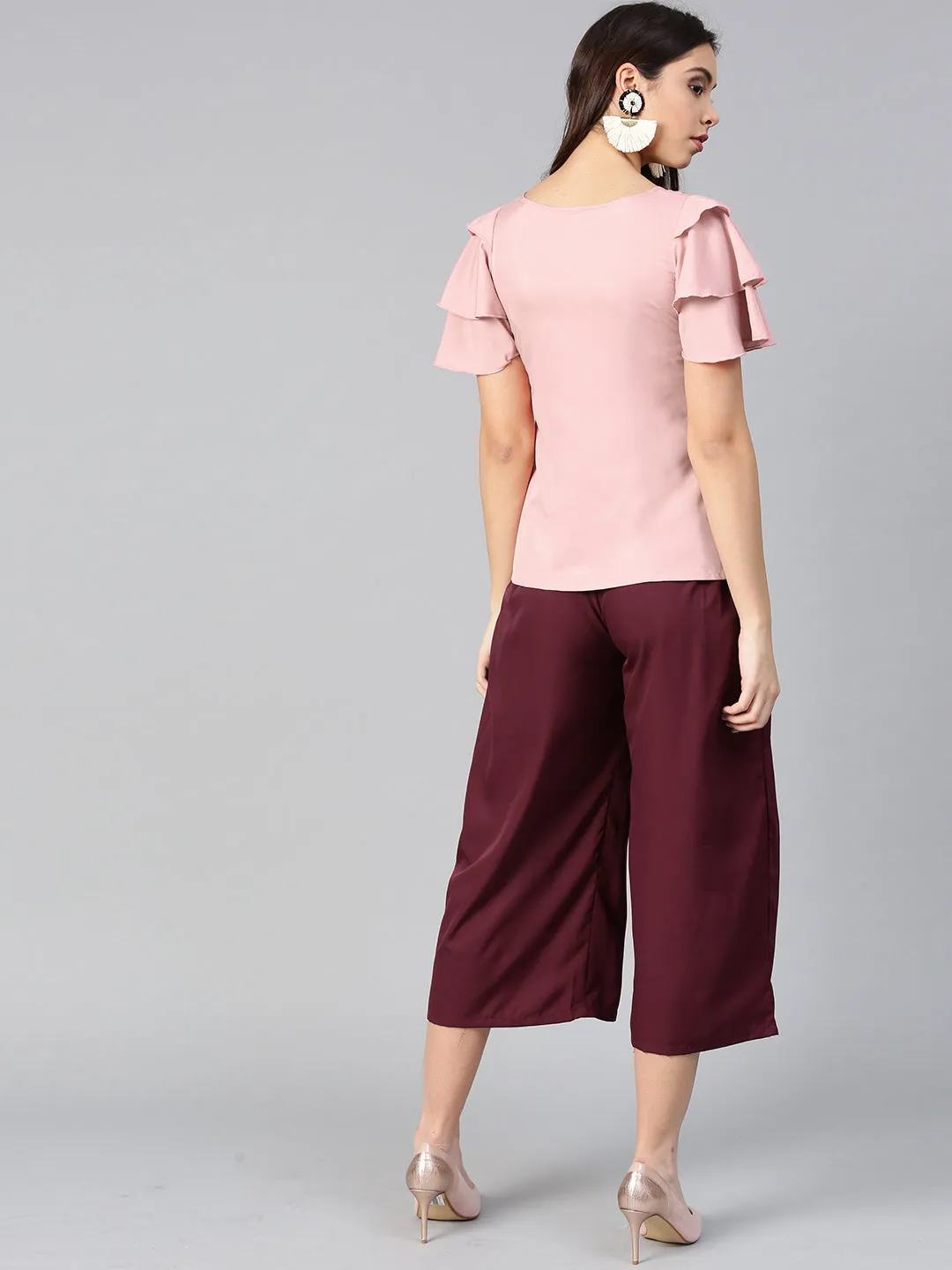 Peach Layered Top & Burgundy Trouser Set (Sku- BLMG7827)