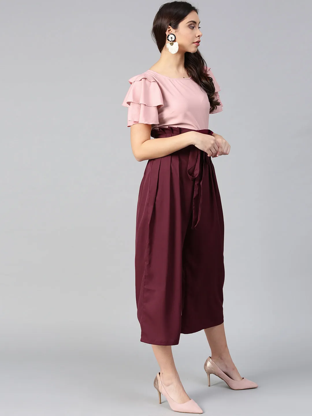 Peach Layered Top & Burgundy Trouser Set (Sku- BLMG7827)