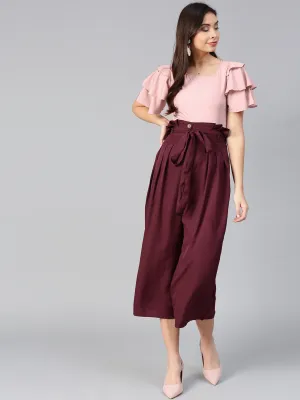 Peach Layered Top & Burgundy Trouser Set (Sku- BLMG7827)