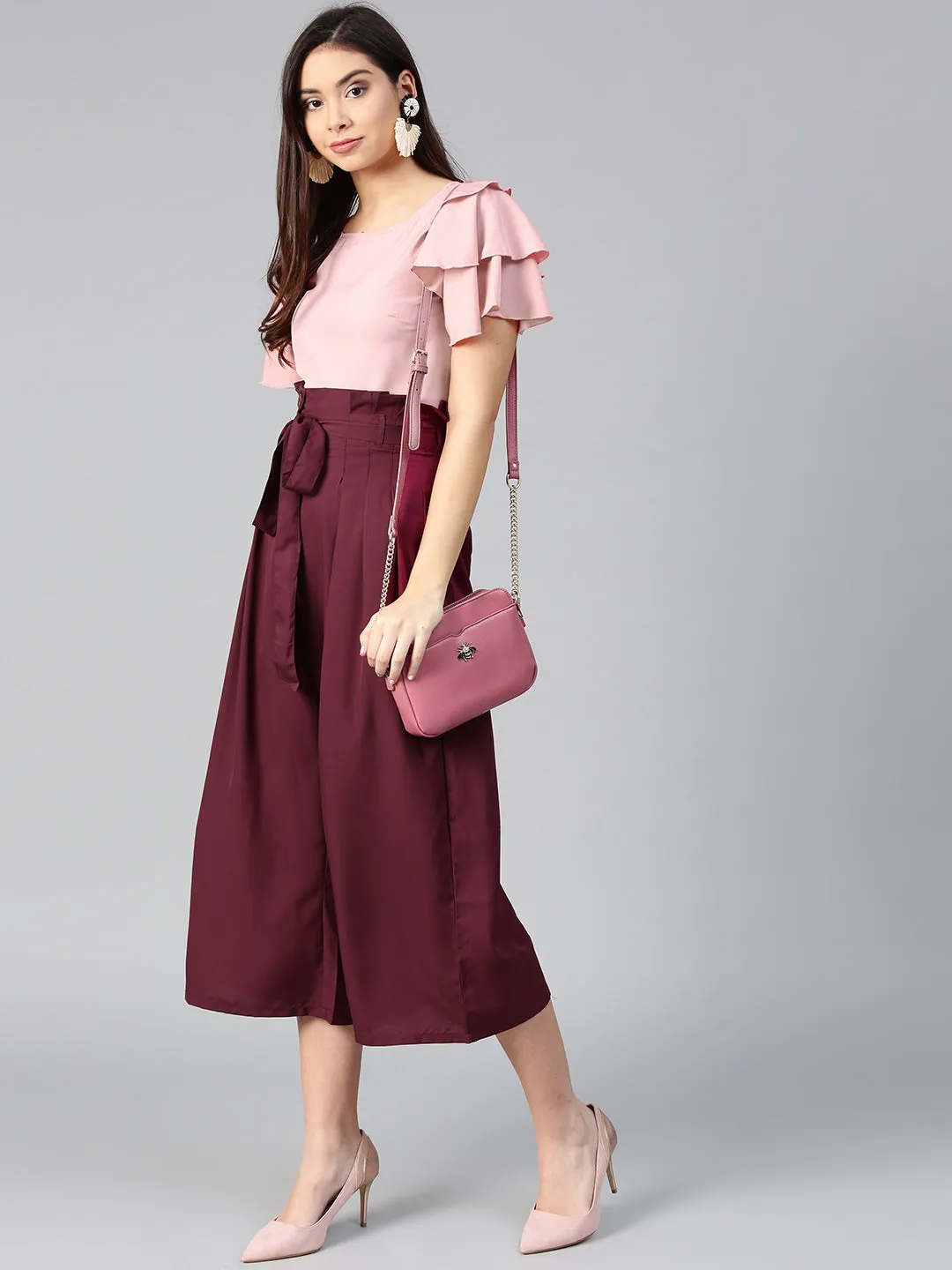 Peach Layered Top & Burgundy Trouser Set (Sku- BLMG7827)
