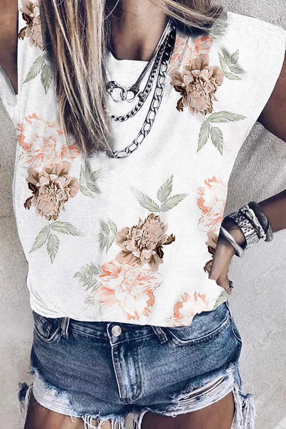 Peony Print Crew Neck Cap Sleeve Tank Top
