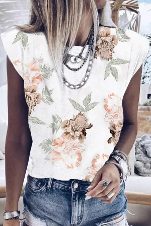 Peony Print Crew Neck Cap Sleeve Tank Top