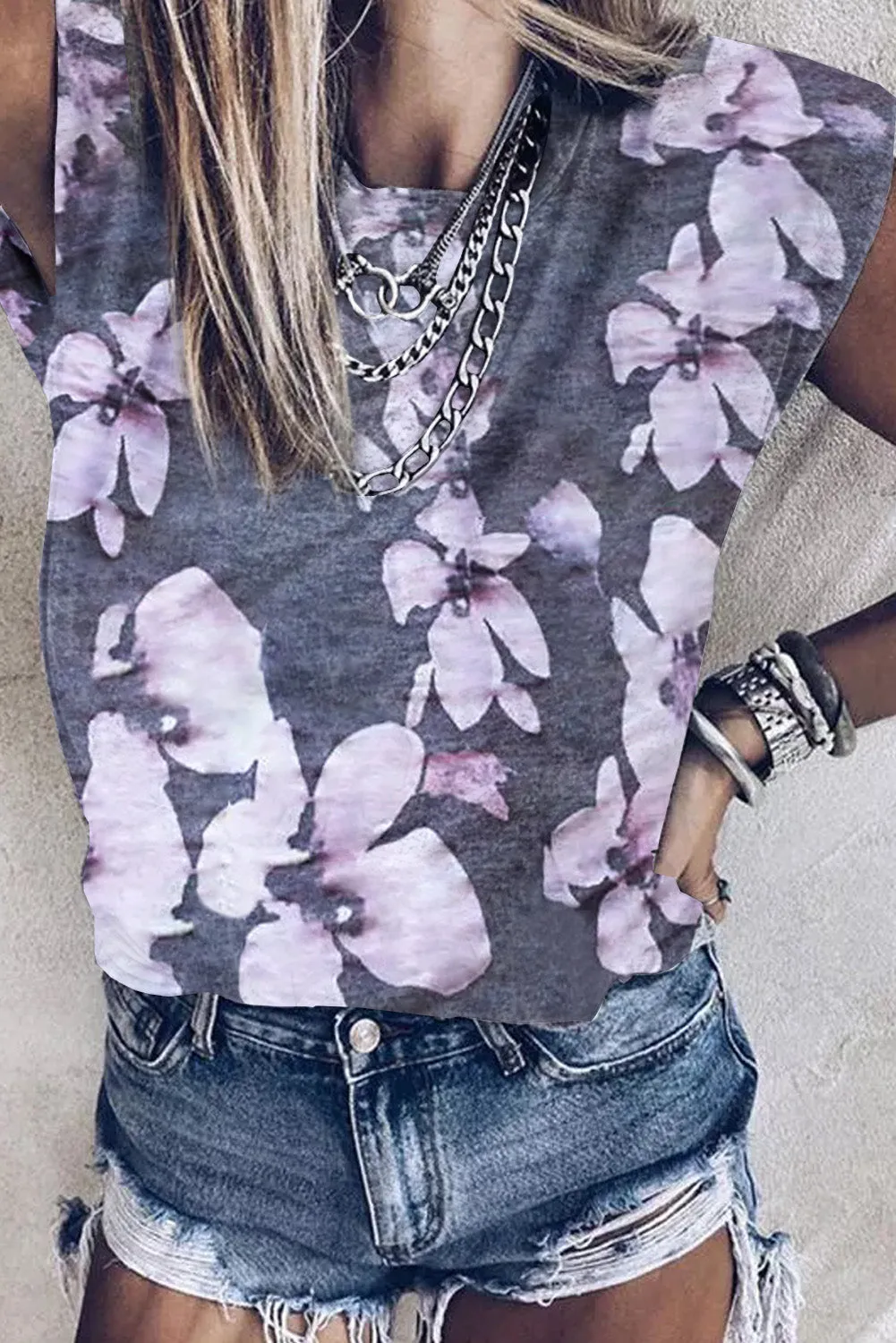 Peony Print Crew Neck Cap Sleeve Tank Top