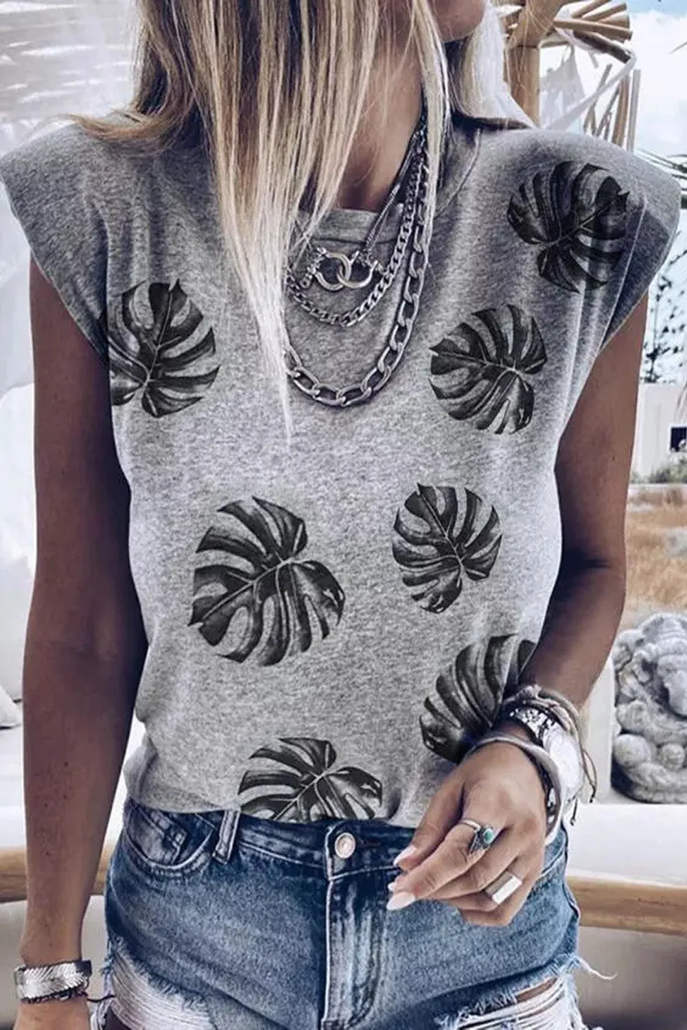 Peony Print Crew Neck Cap Sleeve Tank Top