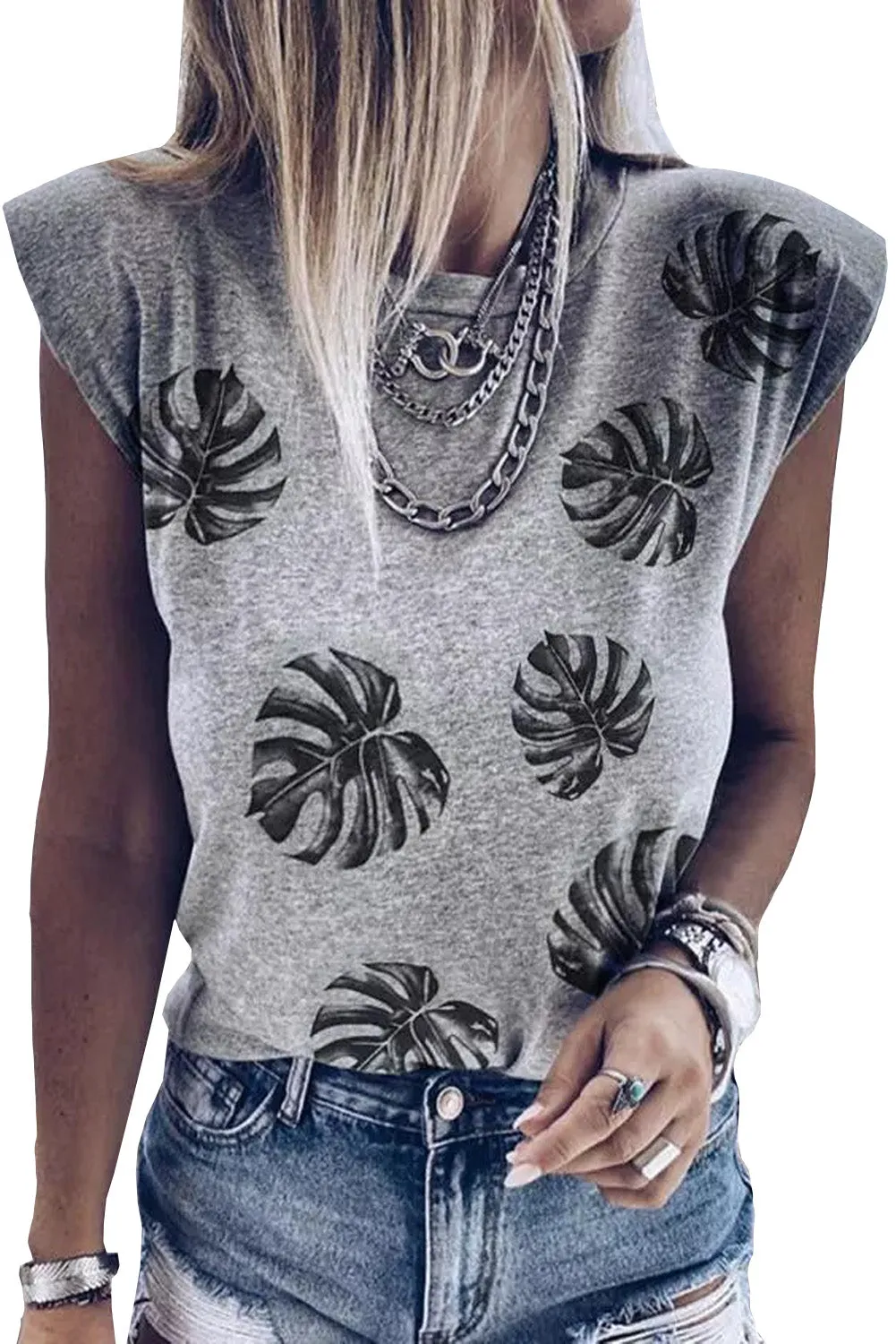 Peony Print Crew Neck Cap Sleeve Tank Top