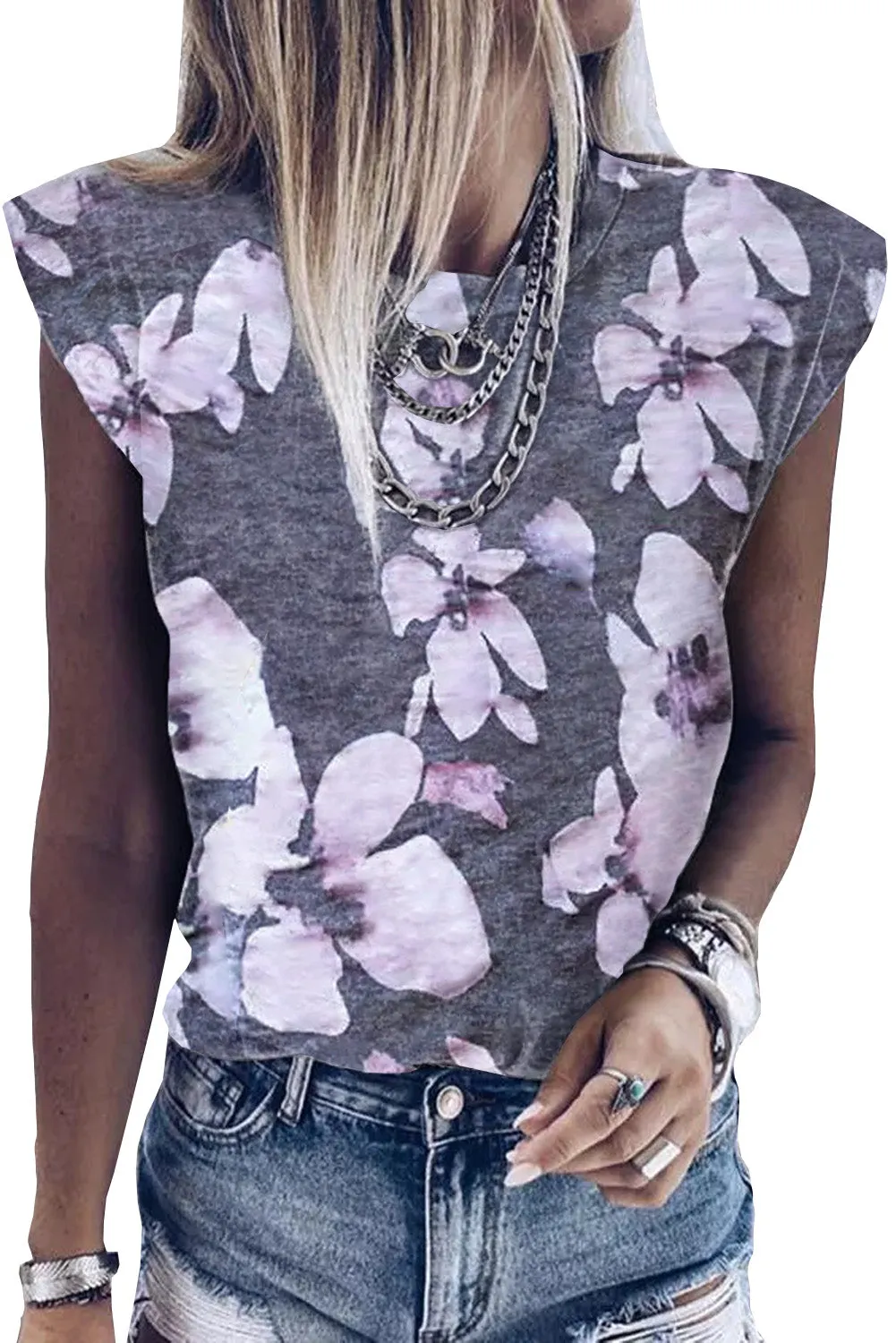 Peony Print Crew Neck Cap Sleeve Tank Top