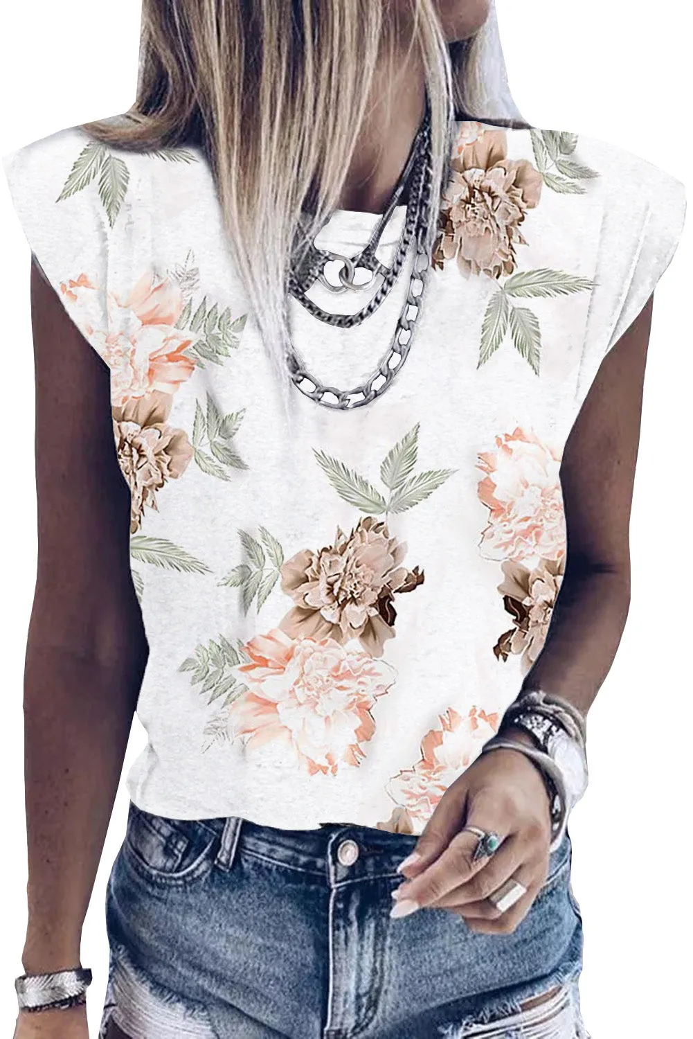 Peony Print Crew Neck Cap Sleeve Tank Top