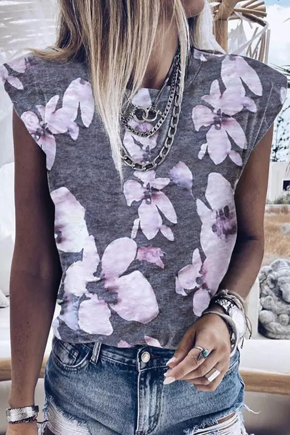 Peony Print Crew Neck Cap Sleeve Tank Top