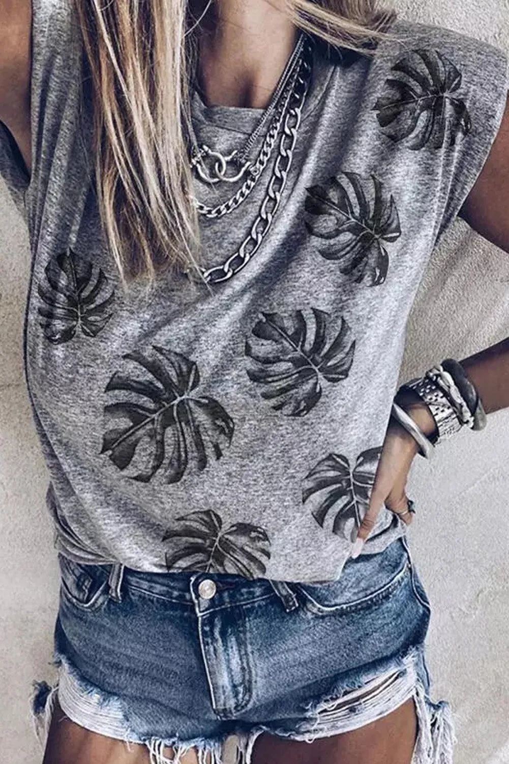 Peony Print Crew Neck Cap Sleeve Tank Top