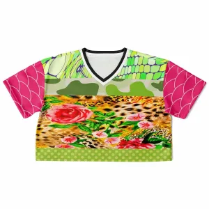 Pink Cerise Animal Print Patchwork Cropped Eco-Poly Jersey