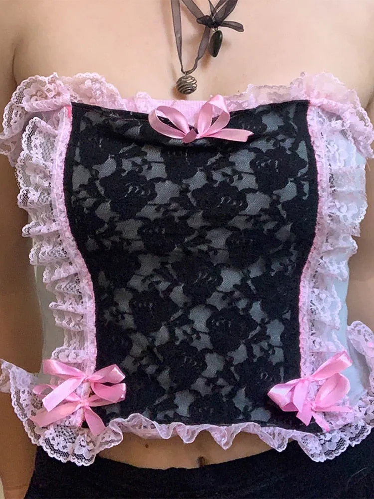 Pink Ruffles Trim Lace Corset Top