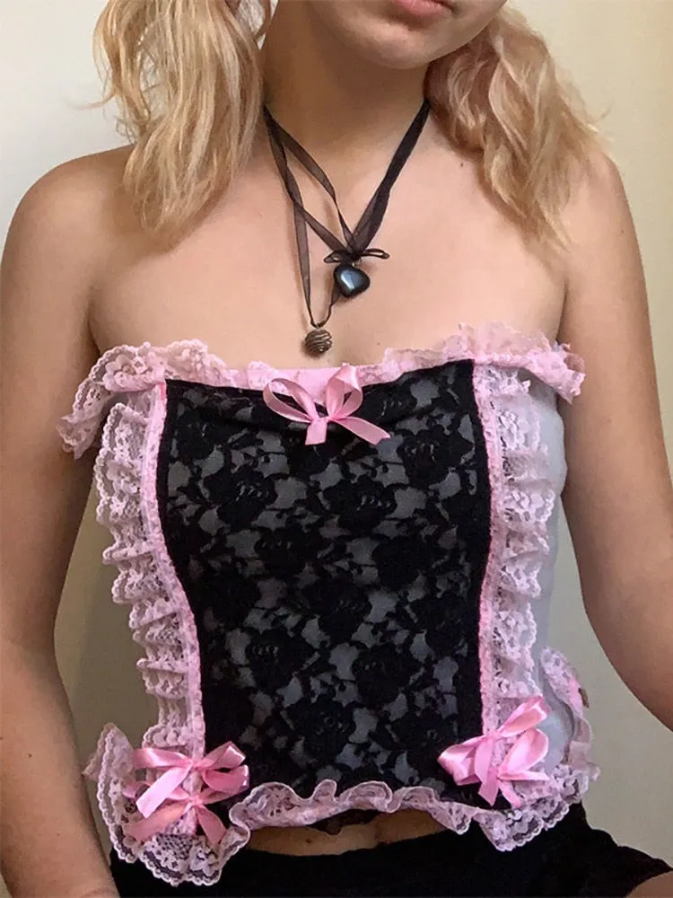 Pink Ruffles Trim Lace Corset Top