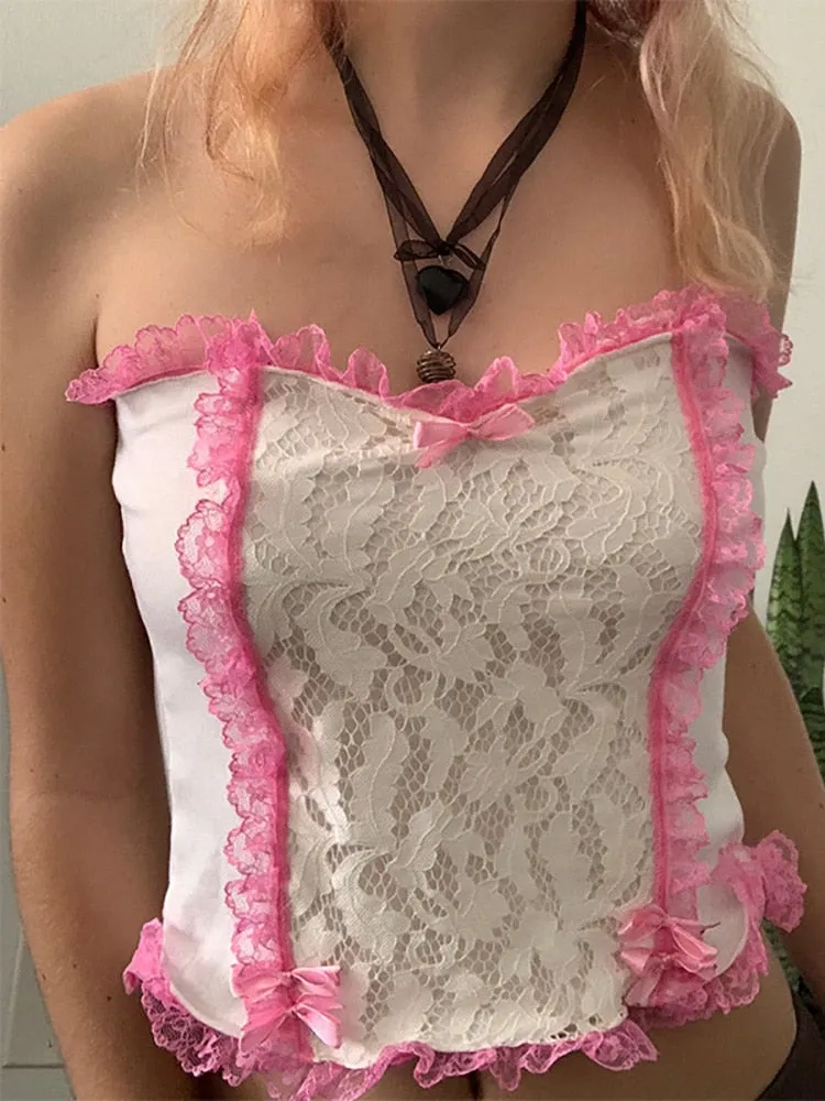 Pink Ruffles Trim Lace Corset Top