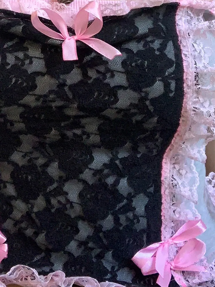 Pink Ruffles Trim Lace Corset Top