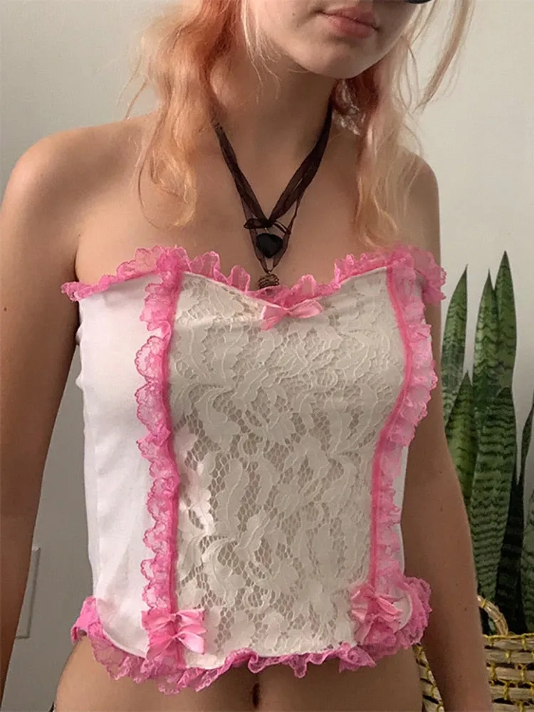 Pink Ruffles Trim Lace Corset Top
