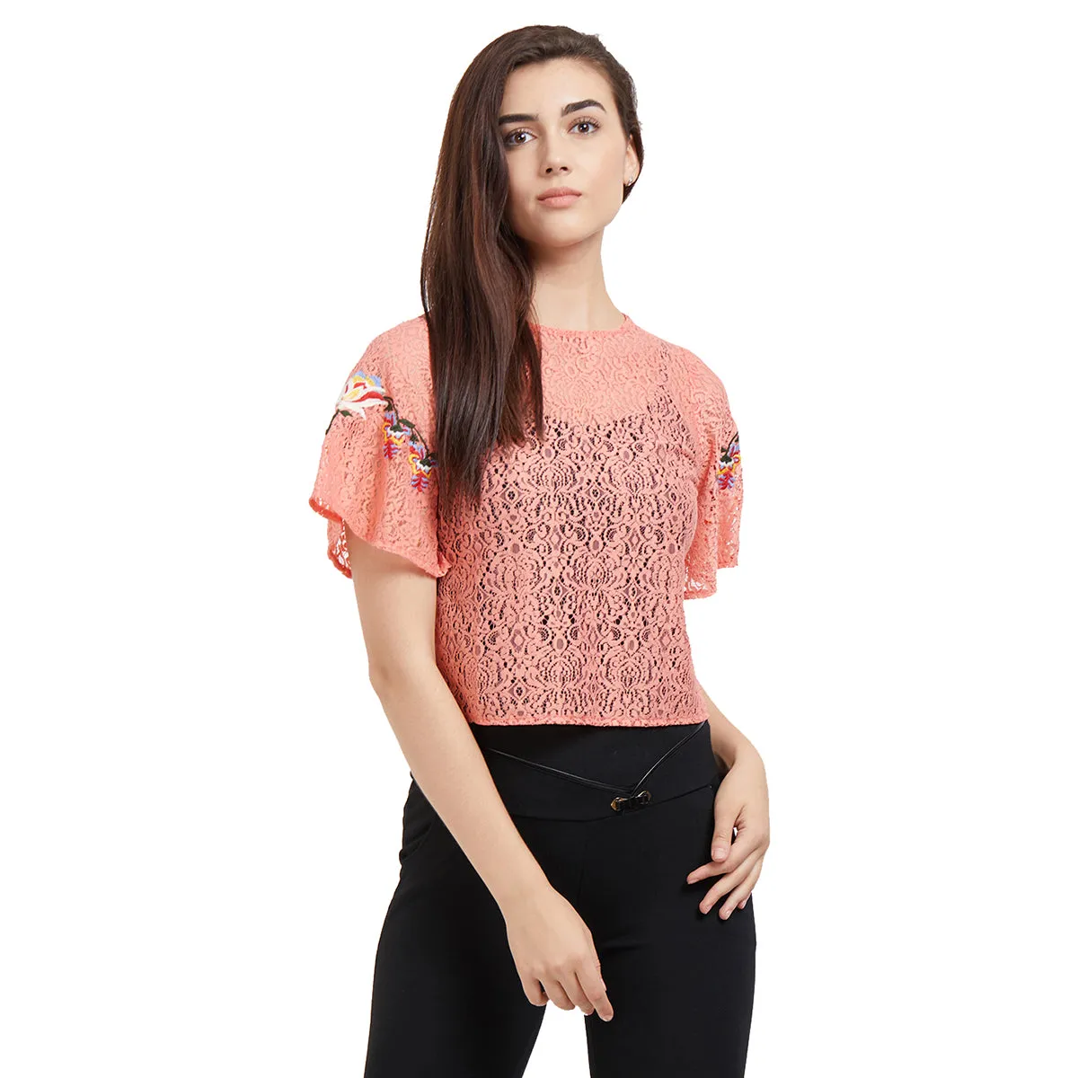 Pink Self Design Top With Embroidery On Sleeves