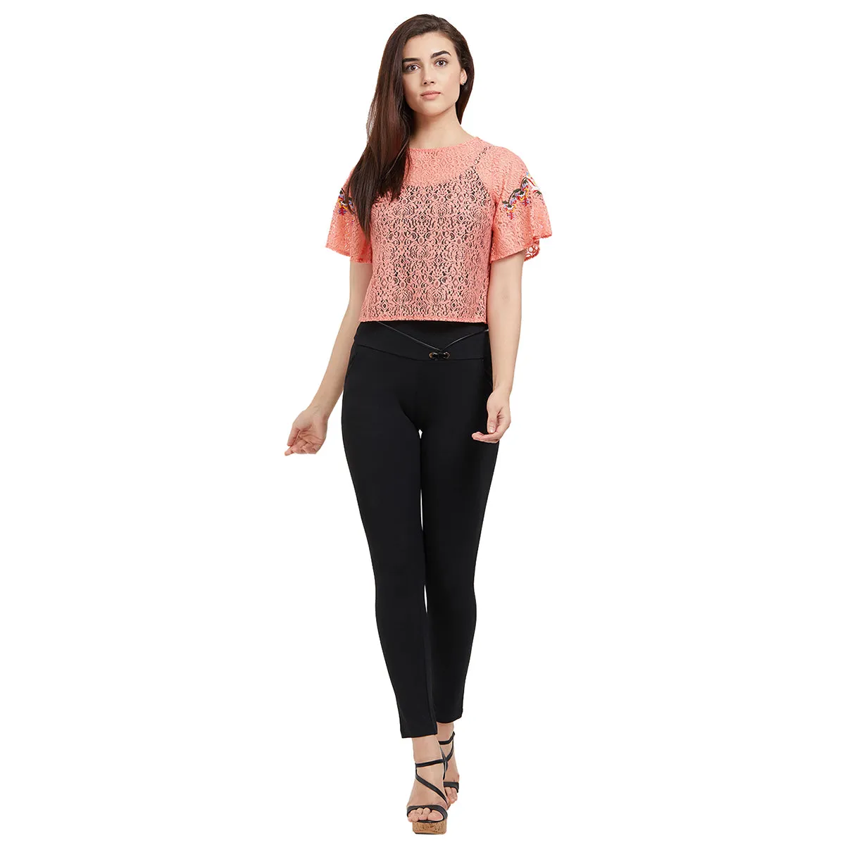Pink Self Design Top With Embroidery On Sleeves