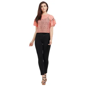 Pink Self Design Top With Embroidery On Sleeves
