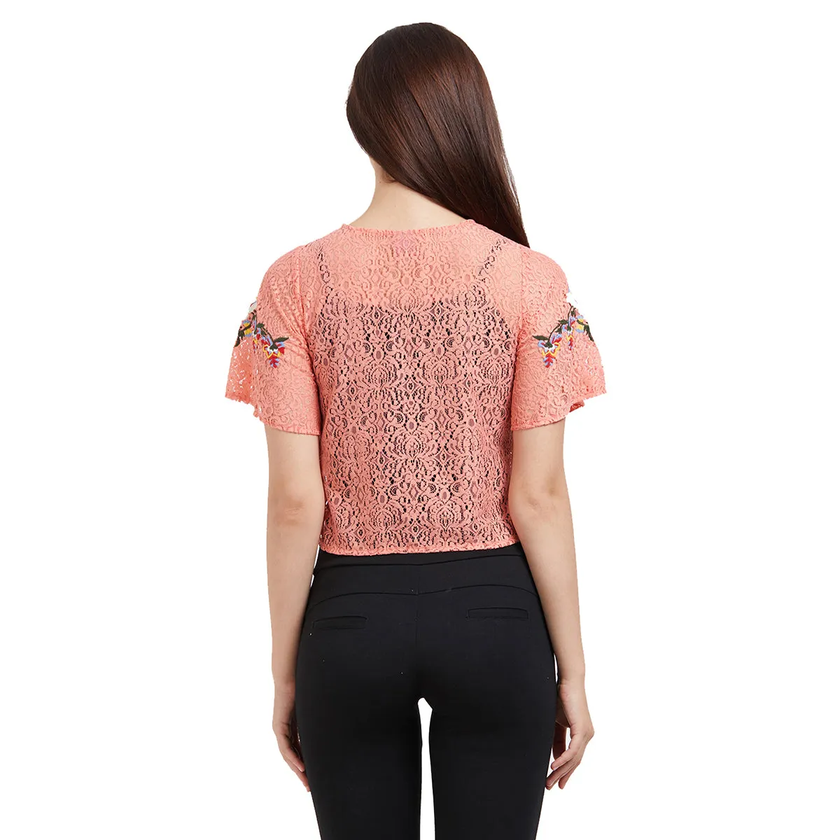 Pink Self Design Top With Embroidery On Sleeves