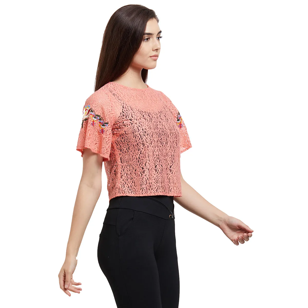 Pink Self Design Top With Embroidery On Sleeves
