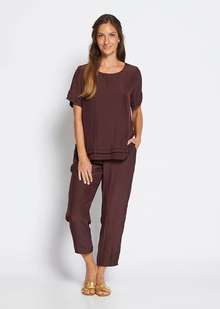 Pleat Lustre tee top in Chocolate