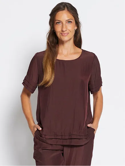 Pleat Lustre tee top in Chocolate